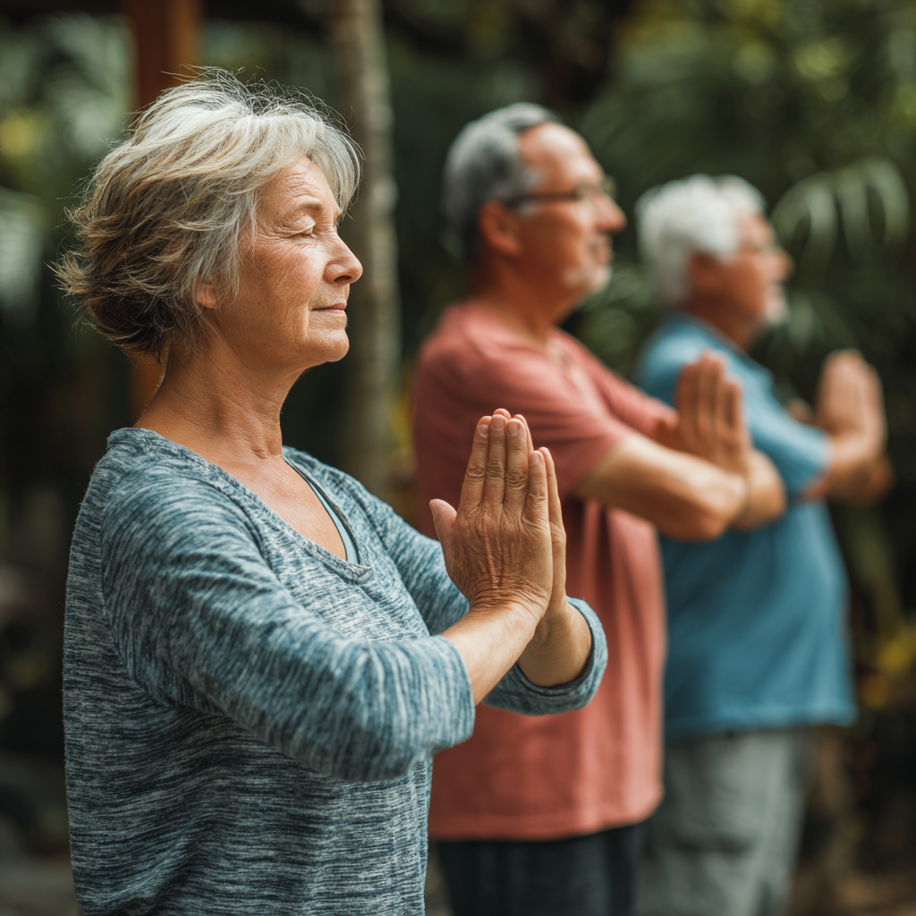 Middle-aged adults practicing gentle mobility exercises in natural environment