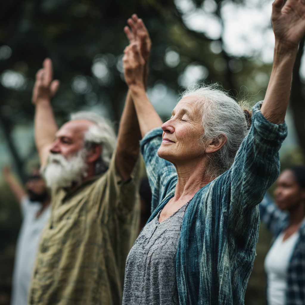 Older adults enjoying peaceful movement exercises in serene natural setting
